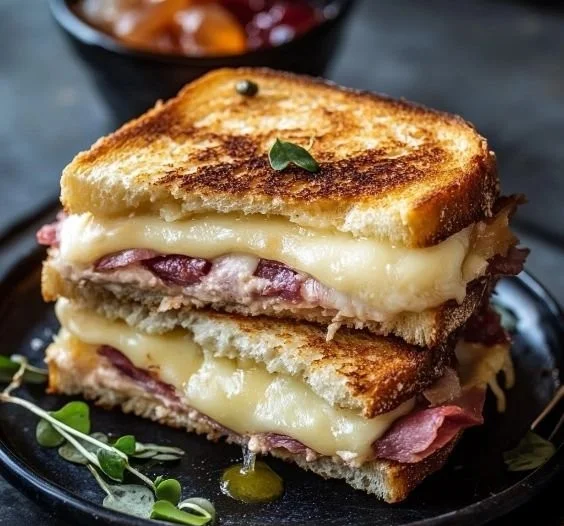 Delicious Monte Cristo Sandwich with ham, turkey, and cheese, deep-fried to golden perfection.