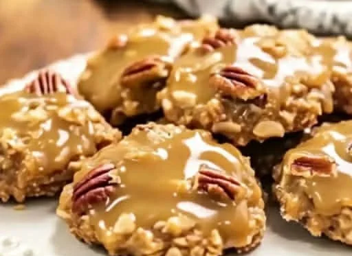 No-Bake Coconut Pecan Praline Cookies arranged on a plate