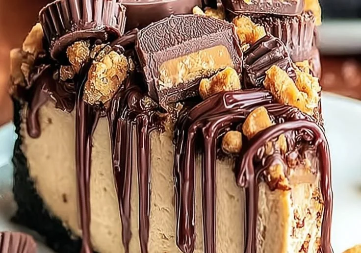 No-Bake Reese's Peanut Butter Cheesecake topped with chocolate and peanut butter