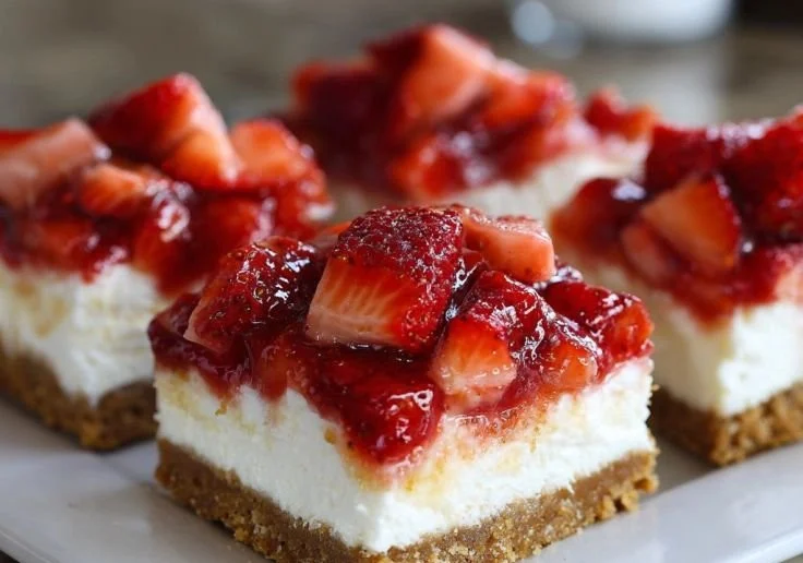 Delicious no-bake strawberry cheesecake bars with fresh strawberry topping