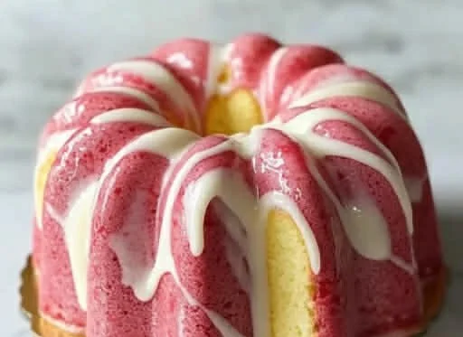 Slice of nostalgic strawberry milkshake pound cake on a plate, garnished with strawberries