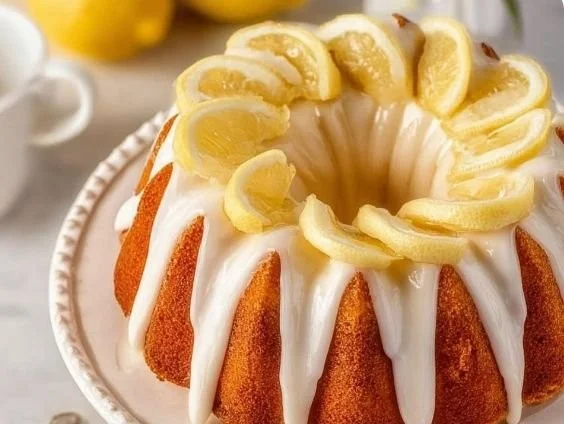 Slice of homemade Nothing Bundt Cake lemon cake on a plate