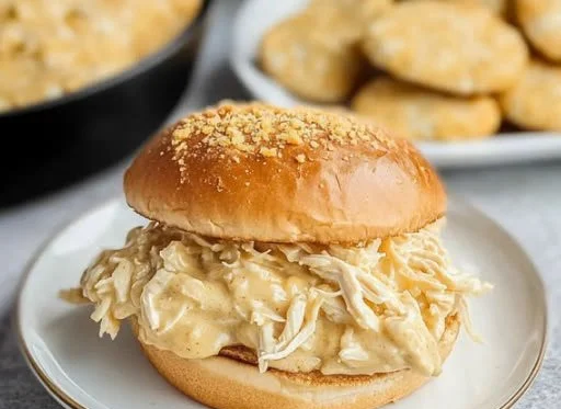 Ohio shredded chicken sandwich topped with creamy sauce and fresh ingredients