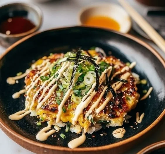 Delicious okonomiyaki with fresh toppings cooked to perfection.