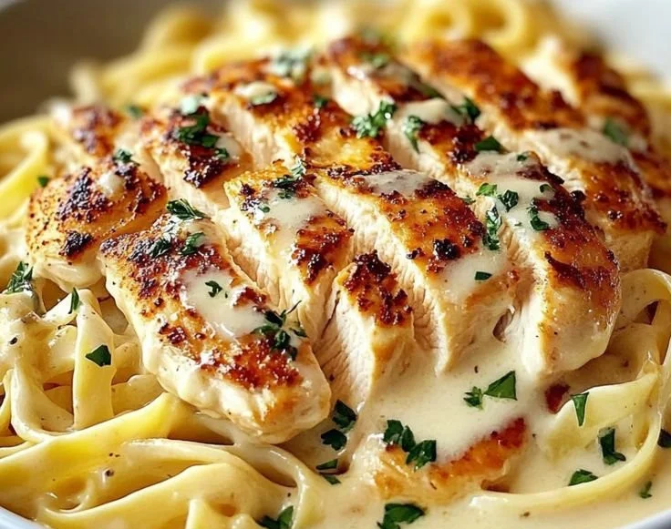 Homemade Olive Garden Chicken Alfredo served in a bowl with herbs and parmesan.