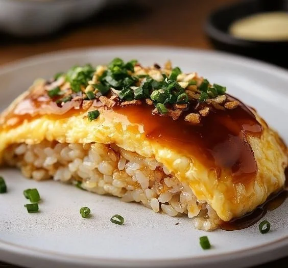 Delicious Omurice with fluffy omelette and savory fried rice