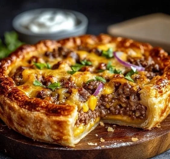 Delicious one-pan cheeseburger pie dinner served on a plate
