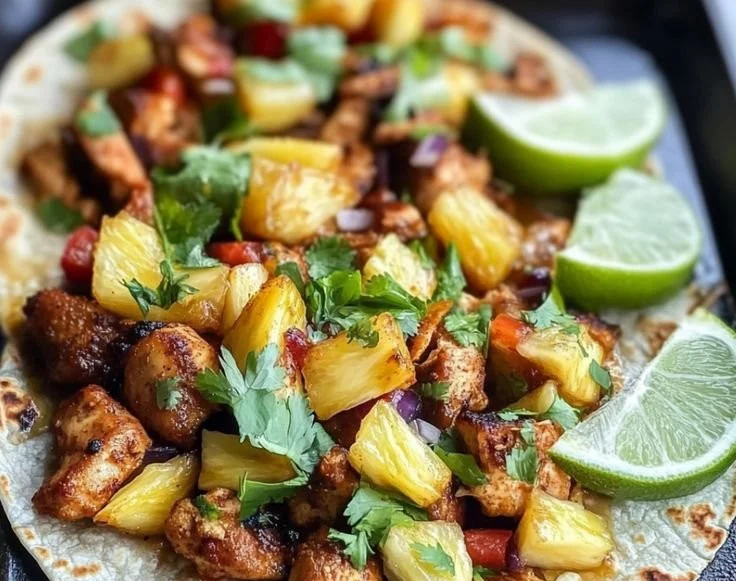 One-pan chicken and pineapple tacos ready to serve.