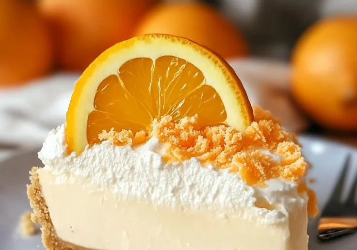 Delicious slice of Orange Creamsicle Pie on a white plate