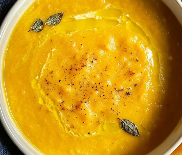 A bowl of oven-roasted butternut, sweet potato, and carrot soup garnished with herbs.