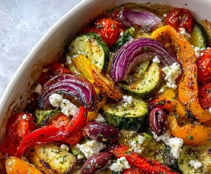 Delicious pan-cooked Greek vegetables served in a colorful dish.
