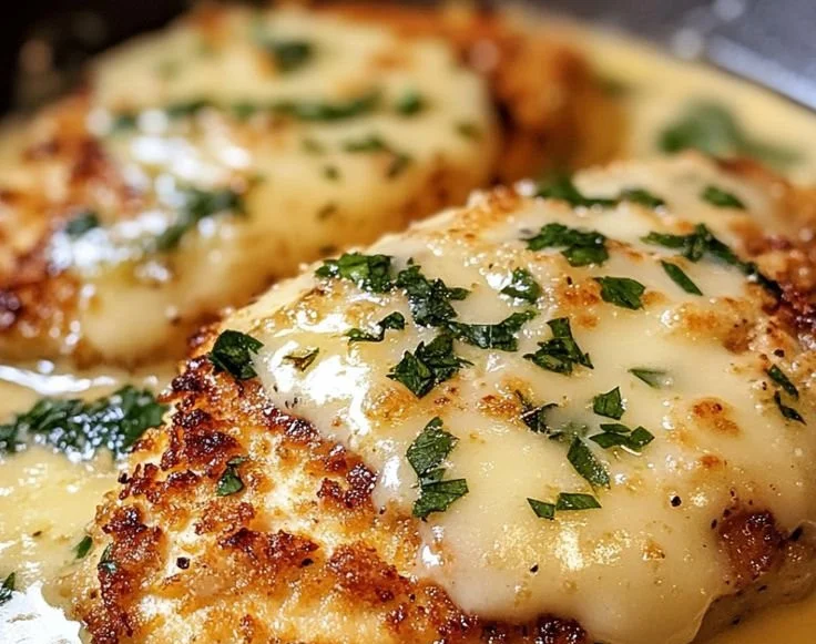 Delicious Parmesan Chicken served with herbs and cheese on a plate