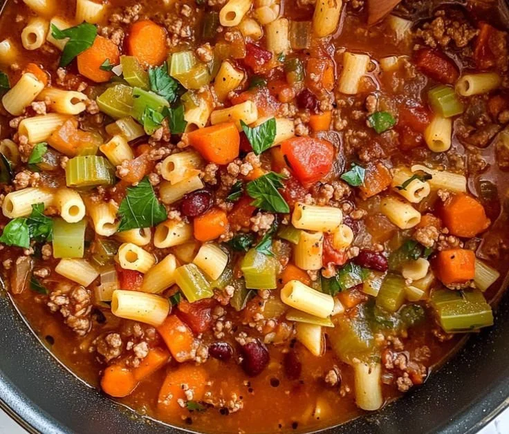 A bowl of hearty Pasta e Fagioli Bean Soup with fresh herbs and beans.