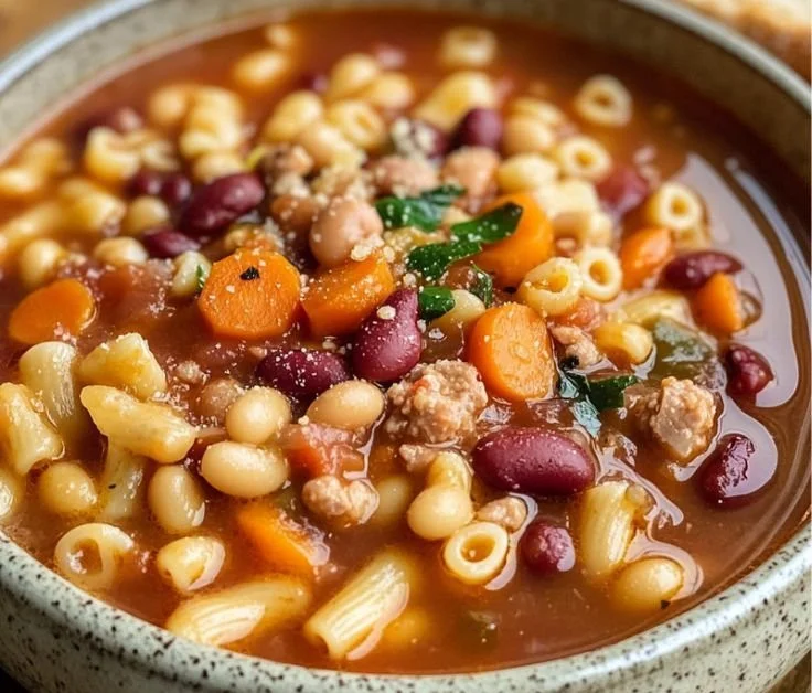 Bowl of Pasta e Fagioli from Olive Garden topped with herbs and parmesan cheese.