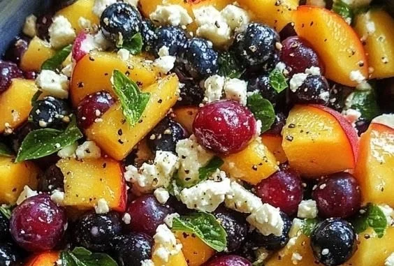 Delicious Peach and Blueberry Salad topped with fresh mint