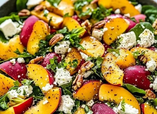Colorful Peach Salad with creamy feta cheese and toasted nuts