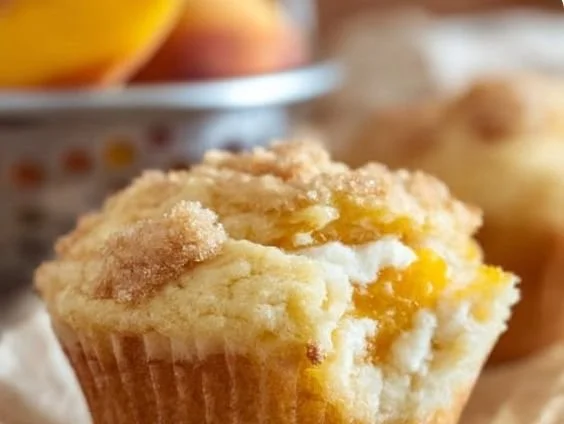 Freshly baked Peaches and Cream Muffins with peach slices and cream topping