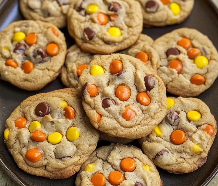 Peanut butter cookies topped with colorful Reese's Pieces candies