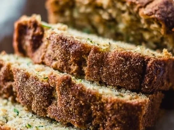 A loaf of perfectly baked zucchini bread with green flecks and spices.