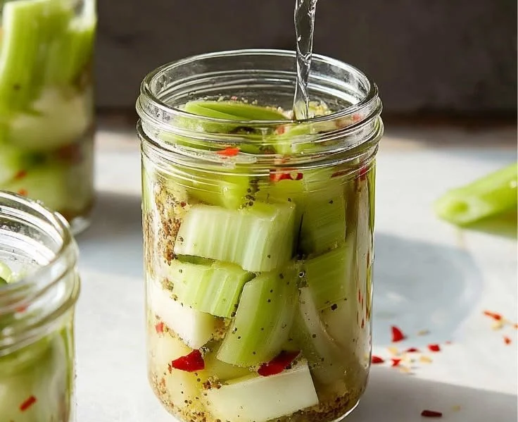 A jar of homemade pickled celery with vibrant spices and herbs.