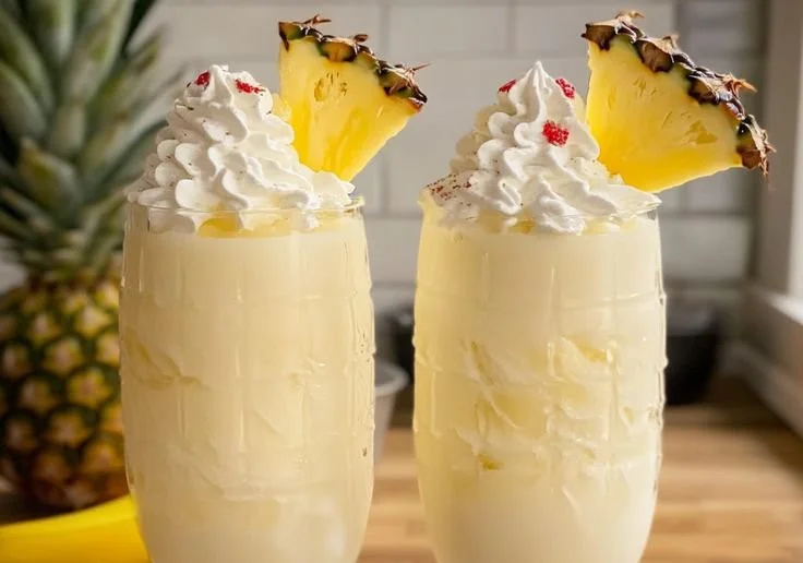 Delicious Piña Colada Milkshake in a glass with tropical garnishes