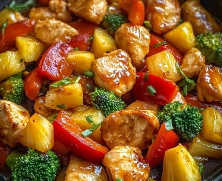 Pineapple Chicken Stir-Fry served in a colorful bowl with vegetables.
