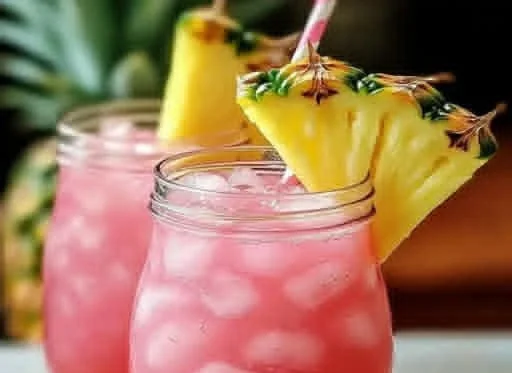 Refreshing Pineapple Pink Lemonade drink served in a clear glass with garnishes.