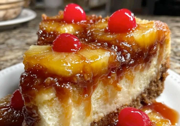 Slice of Pineapple Upside-Down Cheesecake with caramelized fruit topping