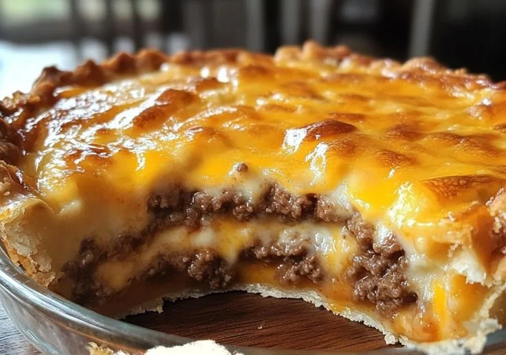 Pioneer Woman cheeseburger pie served on a plate with fresh toppings