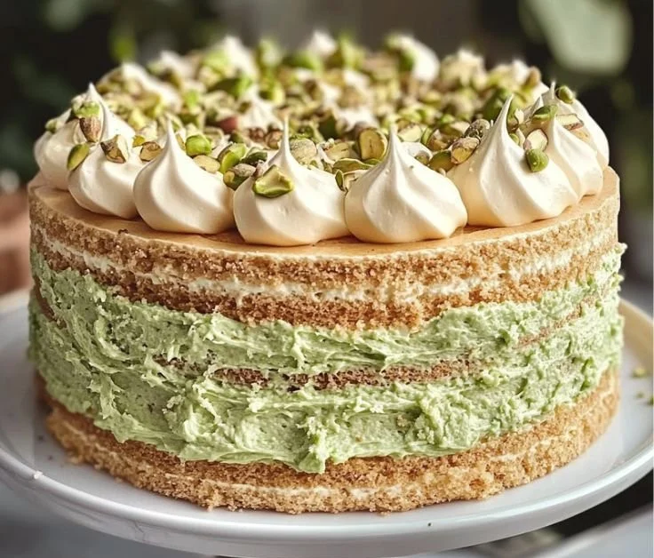 Slices of Pistachio Dacquoise Cake garnished with pistachios and cream