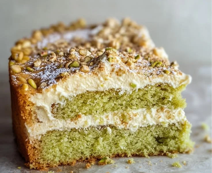 Delicious slice of Pistachio Gooey Butter Cake on a plate