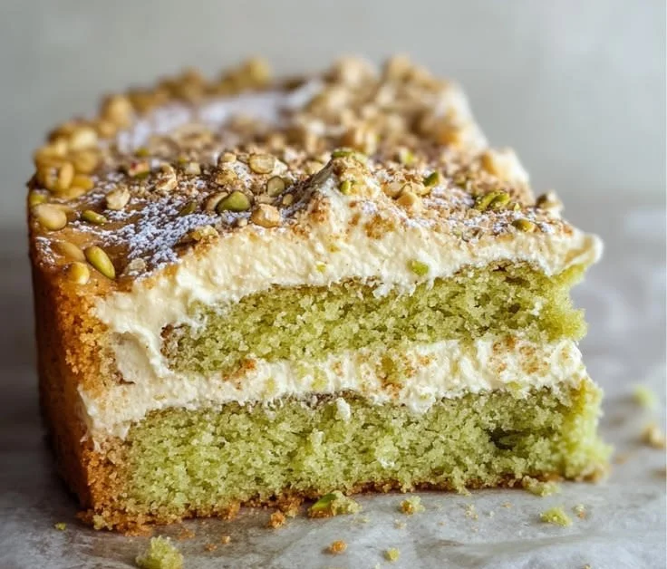 Delicious Pistachio Gooey Butter Cake topped with nuts