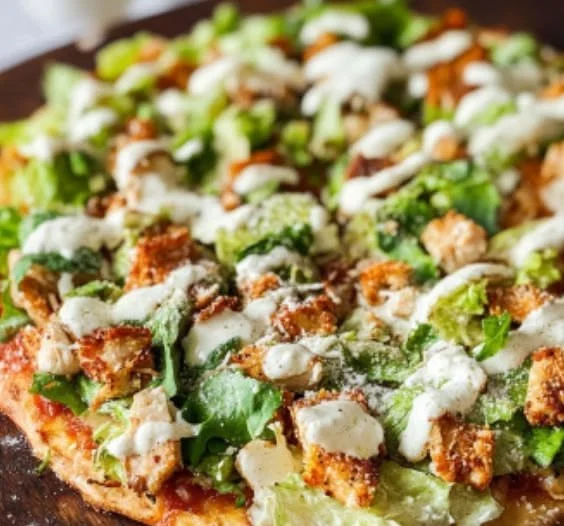 Protein-Packed Chicken Caesar Salad Pizza garnished with lettuce and parmesan cheese