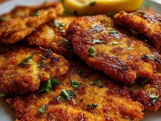 Delicious homemade chicken cutlets served on a plate with herbs and spices.