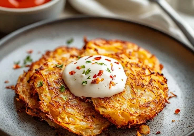 Golden crispy hash browns served on a plate for breakfast