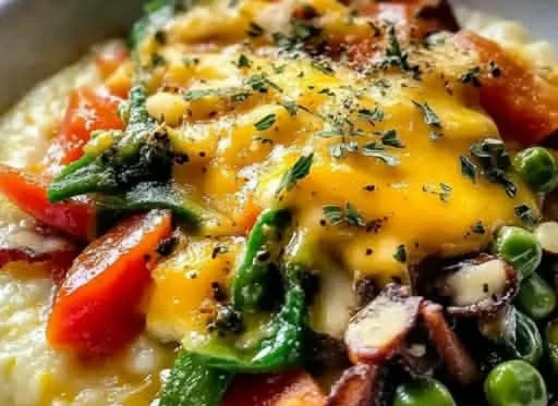 Healthy quick breakfast grits with colorful veggies served in a bowl.
