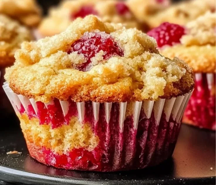 Freshly baked raspberry muffins on a wooden table