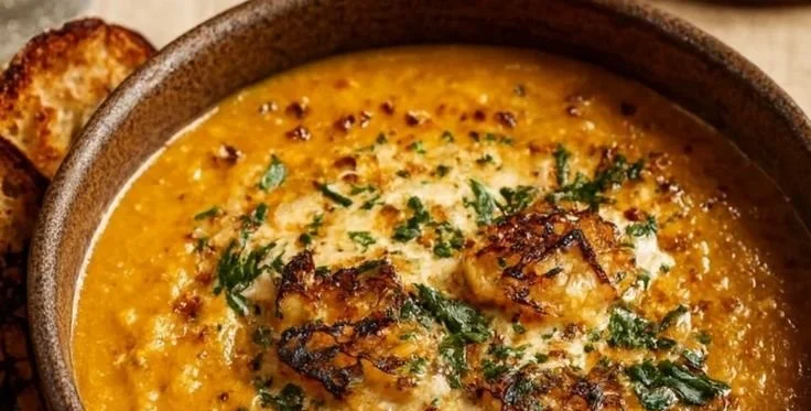 Bowl of delicious red lentil soup garnished with herbs