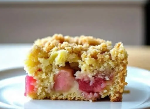 A slice of Rhubarb Buckle topped with fresh rhubarb and a dusting of powdered sugar.