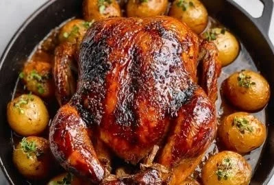 Plate of roast duck with crispy duck fat potatoes and soy ginger glaze