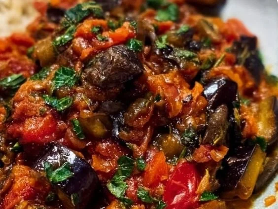 Delicious roasted eggplant caponata served in a bowl with fresh herbs
