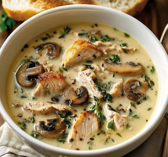 Bowl of rotisserie chicken and mushroom soup topped with fresh herbs