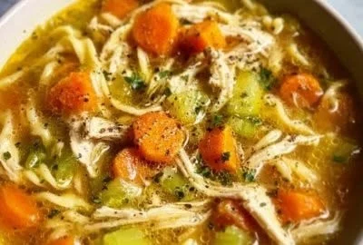Bowl of rotisserie chicken soup with egg noodles garnished with parsley