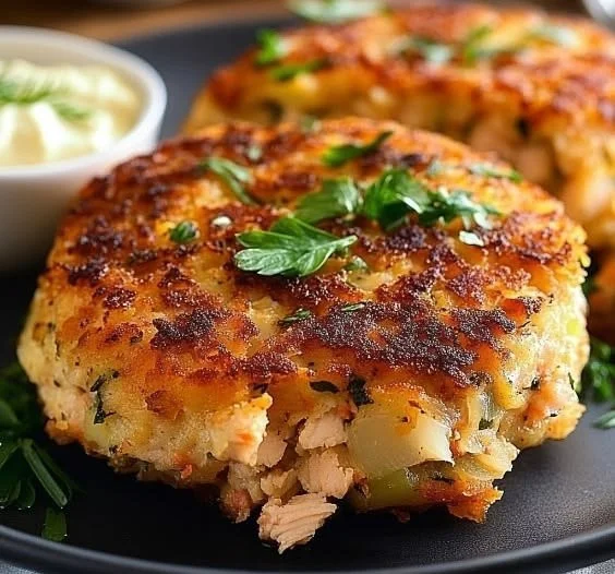 Homemade salmon patties served with fresh garnish and lemon slices.