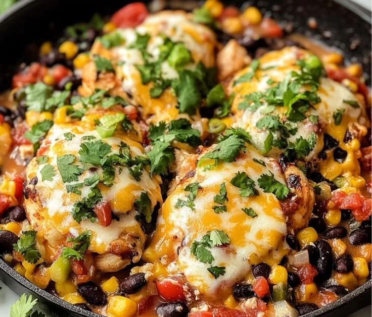 Santa Fe-inspired chicken skillet with colorful vegetables and spices