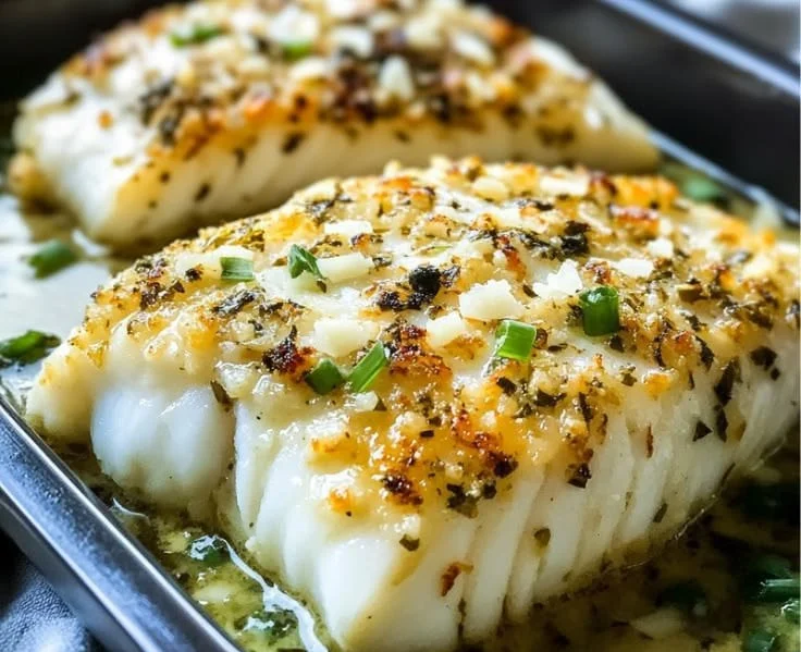 Savory Garlic Parmesan Baked Halibut garnished with herbs on a plate