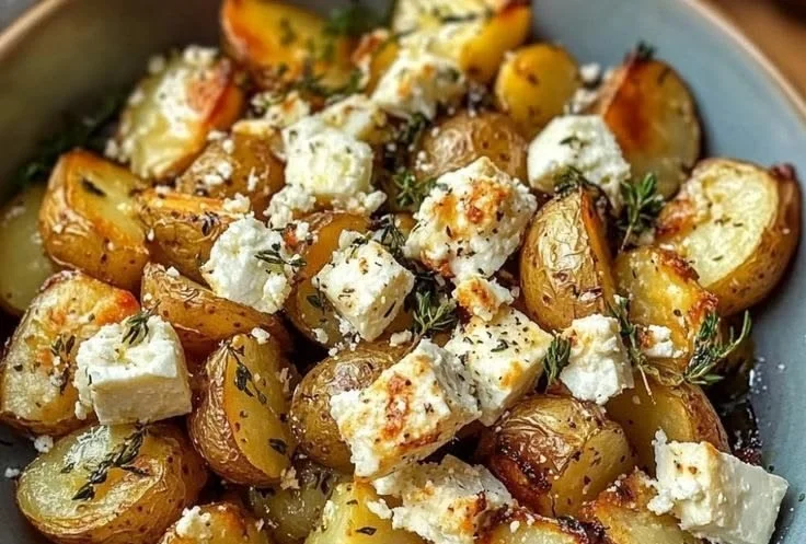Savory garlic roasted potatoes served with baked feta for a delicious side dish.