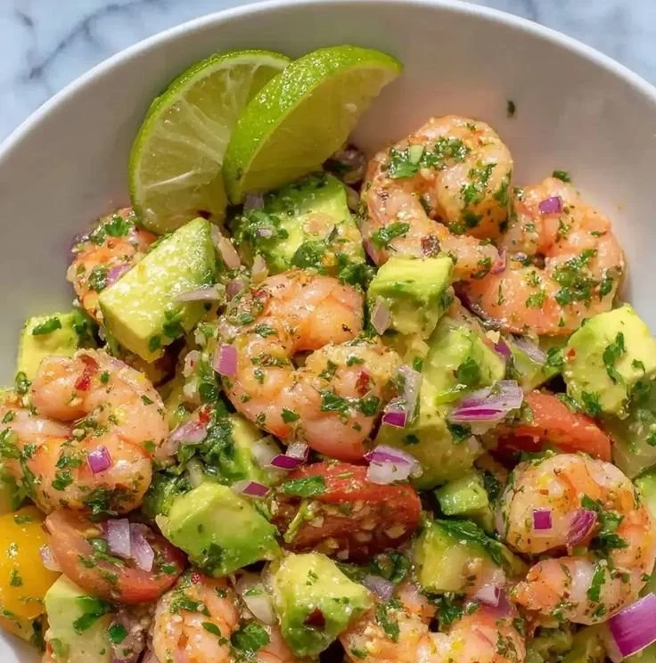Colorful bowl of savory shrimp salad with fresh vegetables and dressing