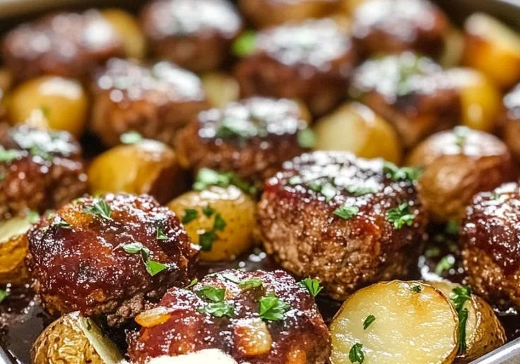Sheet pan mini meatloaf served with roasted potatoes on a dinner plate