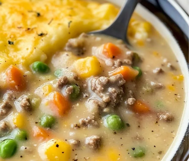 Bowl of hearty Shepherd's Pie Soup topped with fresh herbs and mashed potatoes
